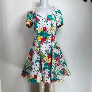 (T2) Benson & Smith 80s Vintage Bohemian Floral Print Cream Cotton Dress, Size 9